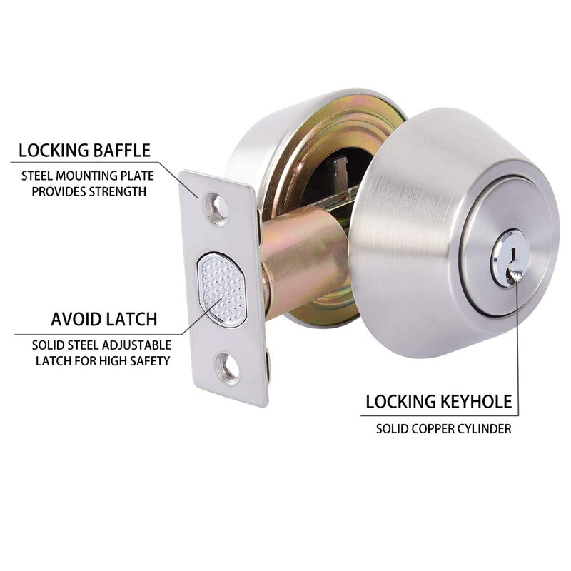 Double keyed Deadbolt Lock - Keyed on Both Sides, 2-Way Adjustable Cylinder Deadbolt (Privacy/Passage), Satin Stainless Steel (Silver, Single Cylinder) (Silver, Double Side)