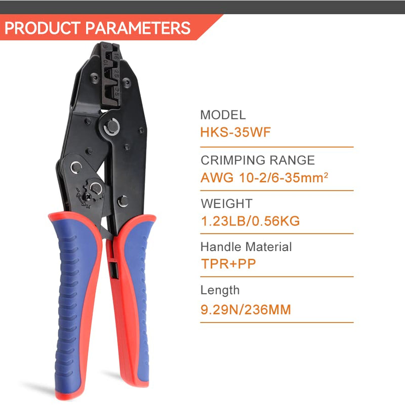 HKS Crimping Tool for Sleeves Ferrule Terminals & Pin Cord End- Ratcheting Wire Crimpers - AWG 10-2 (6-35mm²) - Ratchet Terminal Crimper - Electrical Crimping Tool For Ferrule Terminals (AWG 10-2)