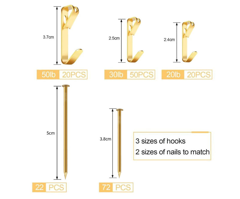 184 Pieces Picture Hanging Kit, 20lb, 30lb, and 50lb Picture Hangers, Metal Picture Hanging Hooks with Nails, on Drywall, Wooden Wall(Gold) 184 Pieces Gold