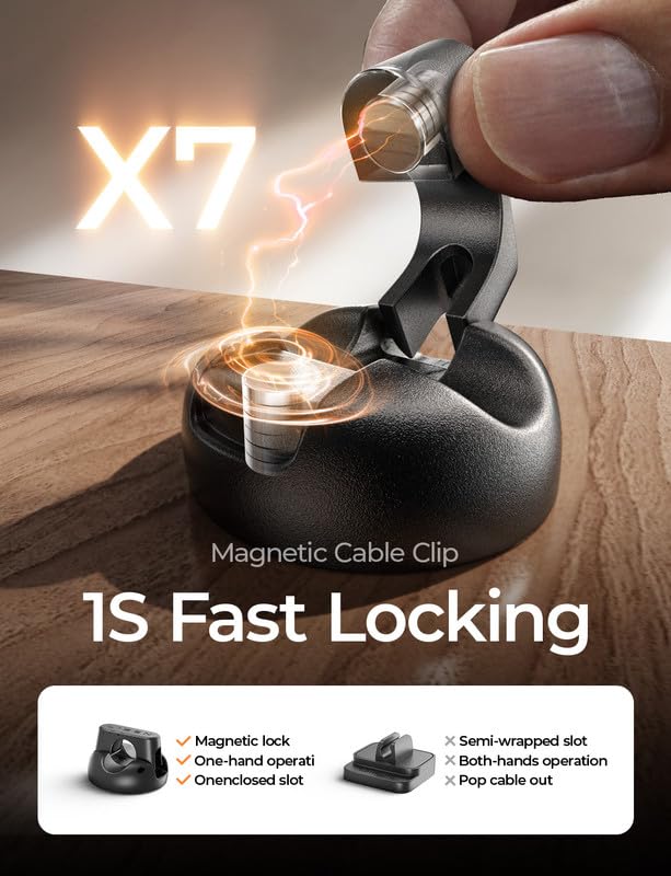 8-Pack Magnetic Cable Clips [1S Snap-On] Desk Cord Organizer, LISEN Office Desk Organizers and Accessories with 4 Extra Strong Adhesive Pads, Cord Holder for Nightstand, Home, Wall, Car, Desktop Black