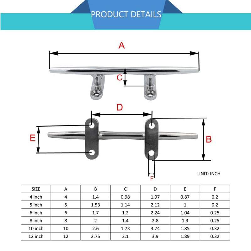4/5/6/8/10 Inch Boat Cleats Marine Dock Cleats 316 Stainless Steel Open Base Cleats for Boat Kayak Mooring and Home Decor of 2 Pcs 6 inch