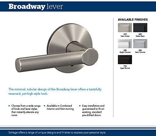 Schlage Custom FC172 BRW 626 CEN Broadway Non-Turning Lever with Century Trim, Satin Chrome Inactive