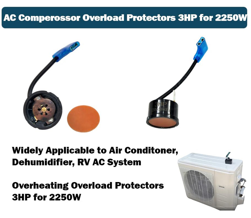 2Pcs Thermal Overload Protectors Fits Air Conditioner Compressor Universal Applicable for 3HP 2250W AC RV System Dehumidifier Overheating Protecting with Wire and Plug Sleevees