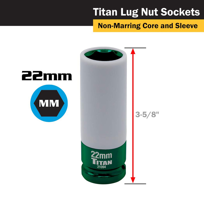 Titan 21094 1/2-Inch Drive x 22mm Non-marring Impact Deep Lug Nut Socket