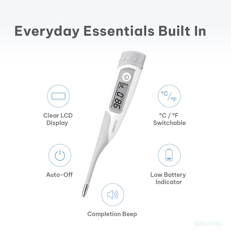 Flexible Tip Digital Thermometer for Adults & Kids, Fast 10-Second Reading, Waterproof, 3-in-1 Oral Rectal Underarm Use, Fever Alarm, White