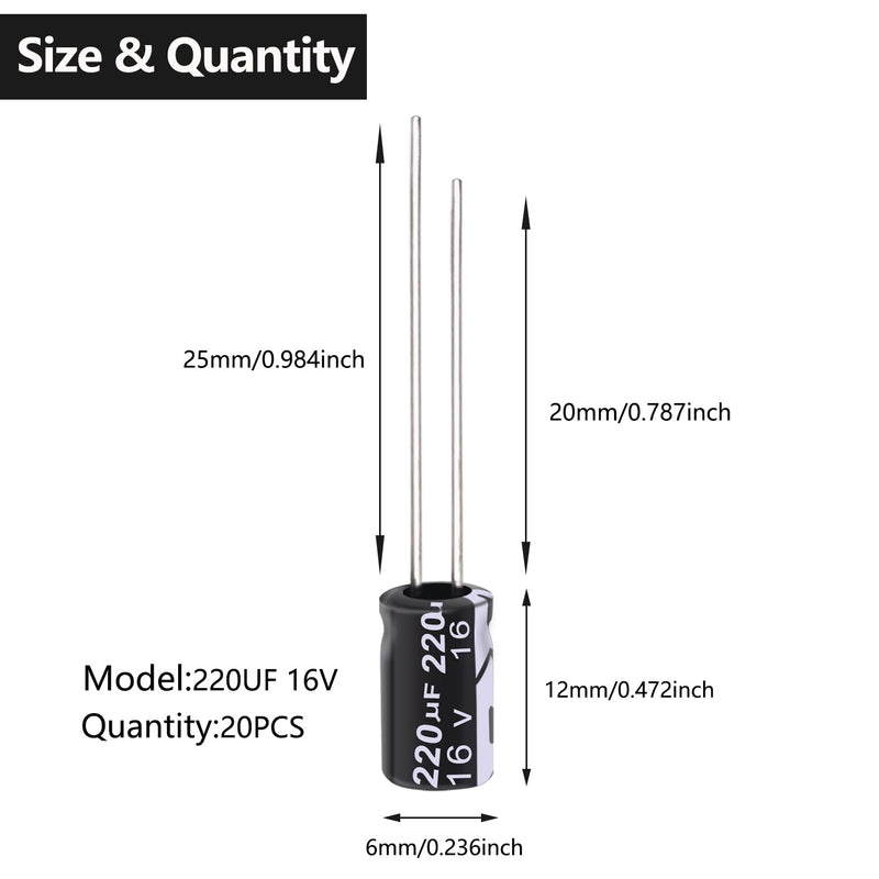 Tnisesm 20Pcs 220UF 16V Electrolytic Capacitor 220 UF MFD 16 Volt with Aluminum Radial Leads 220UF-16V-6X12