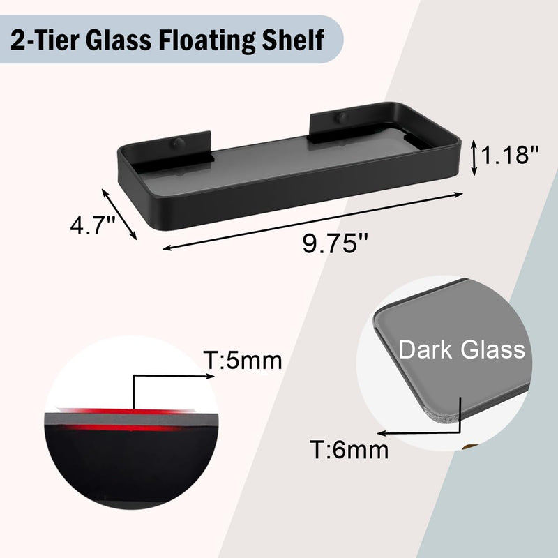 Z metnal Small Glass Bathroom Shelves, Matte Black Bathroom Floating Shelf, Mini Wall Shelf for Bathroom Organizer, Wall Mounted (Dark Glass, 9.8 inch/25cm) Dark Glass - NewNest Australia