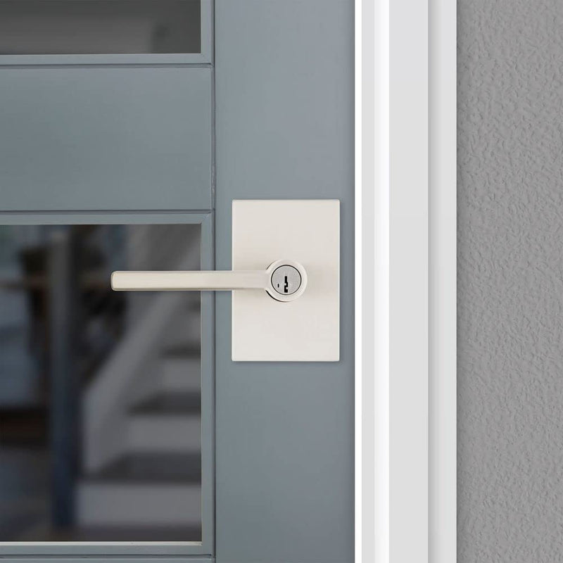 Kwikset Halifax Entry Door Handle with Lock and Key, Secure Keyed Reversible Lever Exterior, For Front Entrance and Bedrooms, Satin Nickel, Pick Resistant Smartkey Rekey Security and Microban Keyed Entry