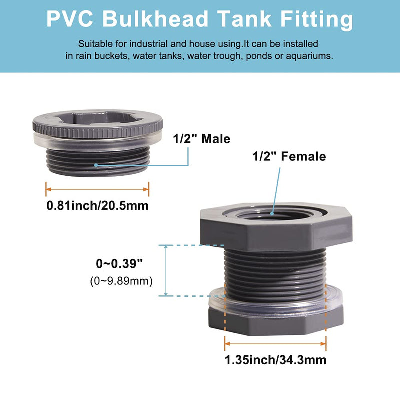 QuQuyi 1/2 Inch PVC Bulkhead Water Tank Connector Adapter Fitting with Plugs Thru-Bulk Pipe Fitting for Rain Barrels, Aquariums, Ponds(Set of 3) 1/2"-3pcs