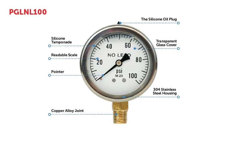 Merrill MFG 2-1/2" Liquid Filled Pressure Gauge, 0–100 PSI/kPa, Stainless Steel Case, 1/4" NPT Lower Mount, No-Lead, Vibration-Resistant (100 PSI Range) 100 PSI
