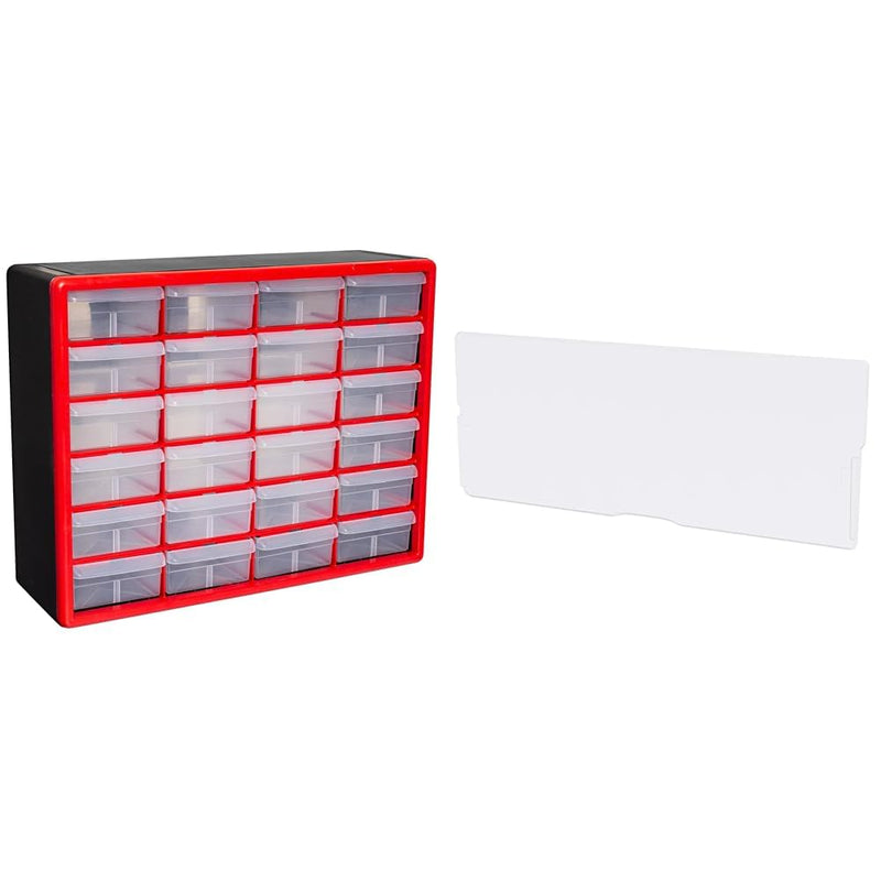 Akro-Mils 10124, 24 Drawer Plastic Parts Storage Hardware and Craft Cabinet, 20-Inch W x 6-Inch D x 16-Inch H, Red & 40717 Length Dividers for Plastic Storage Hardware and Craft Cabinet Large Drawers