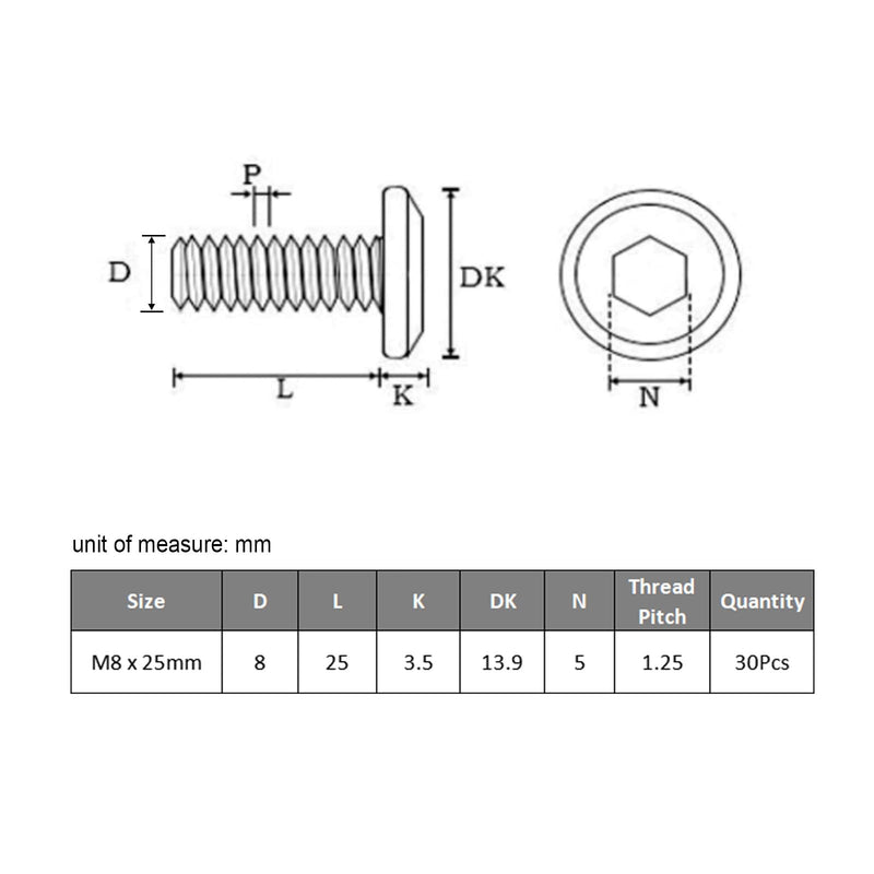 M8-1.25 x 25 mm 30pcs Flat Head Hex Socket Cap Screws Metric M8 Bolts, 304 Stainless Steel 18-8, Black Zinc Plated, Full Thread, with Hex Spanner M8 x 25mm(30pcs)