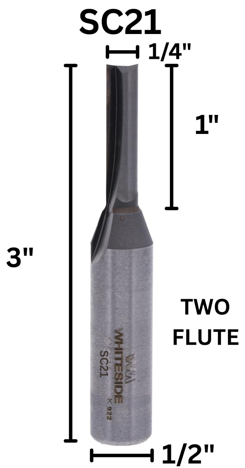Whiteside SC21 Solid Carbide Straight Router Bit: 1/4 Inch Cutting Diameter, 1/2 Inch Shank, 1 Inch Cutting Length