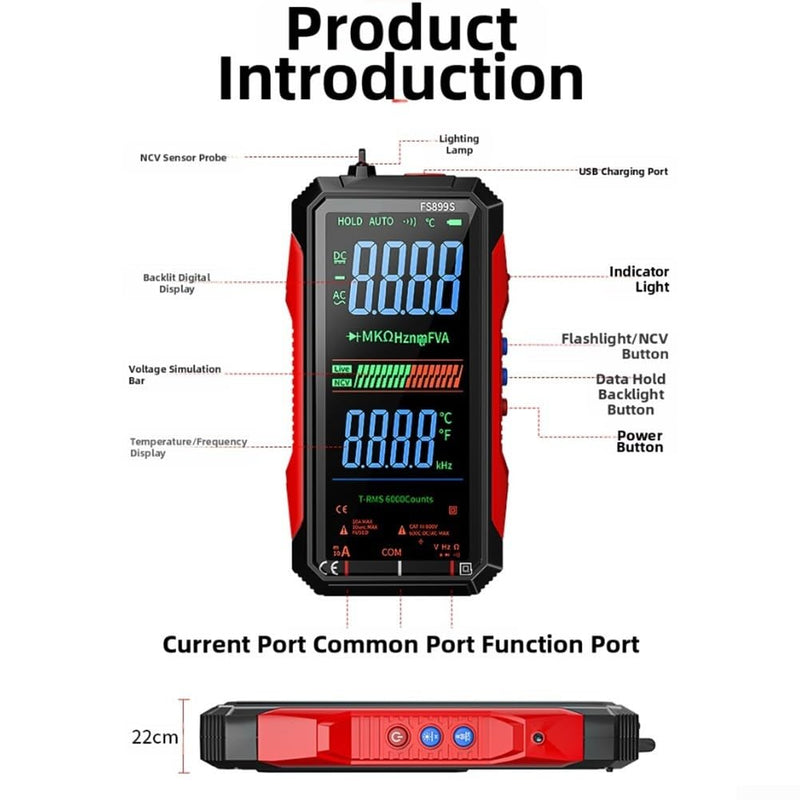 FS899S Digital Multimeter Tester, USB Rechargeable Smart Auto Ranging Multimeter, Measure AC/DC Current/Voltage, Capacity, Continuity, Resistance, Frequency, Non-Contact Voltage (NCV)(FS899S+Bag) FS899S+bag