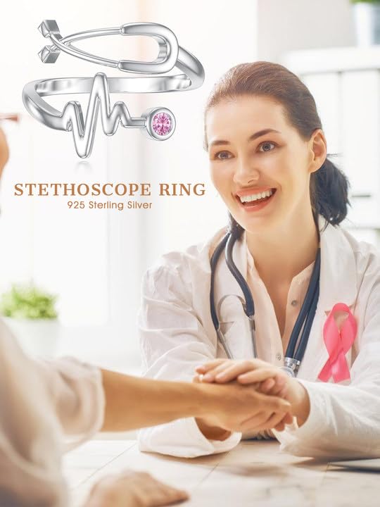 Seiyang Stethoscope Medicine Birthstone Ring 925 Sterling Silver Heartbeat EKG Stethoscope Ring with 12 Months Birthstone Graduation Gifts Medical Jewelry for Doctor Nurse Students Non-Personalized 10-October