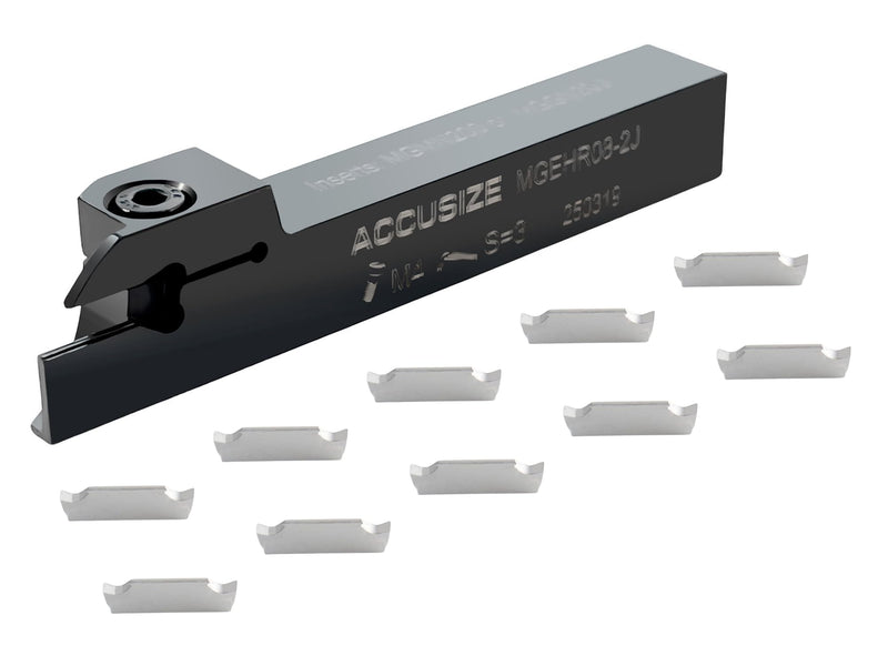 Accusize Industrial Tools 1/2" x 1/2'' Cut-Off Holder, Parting Tool, Mgehr08-2 of 2387-2004 with 10 Carbide Inserts for Cutting Aluminum | For Aluminum, MGGN200-LH Inserts Included, 1 Indexable Holder Plus 10 Carbide Inserts, 2387-0004INSA