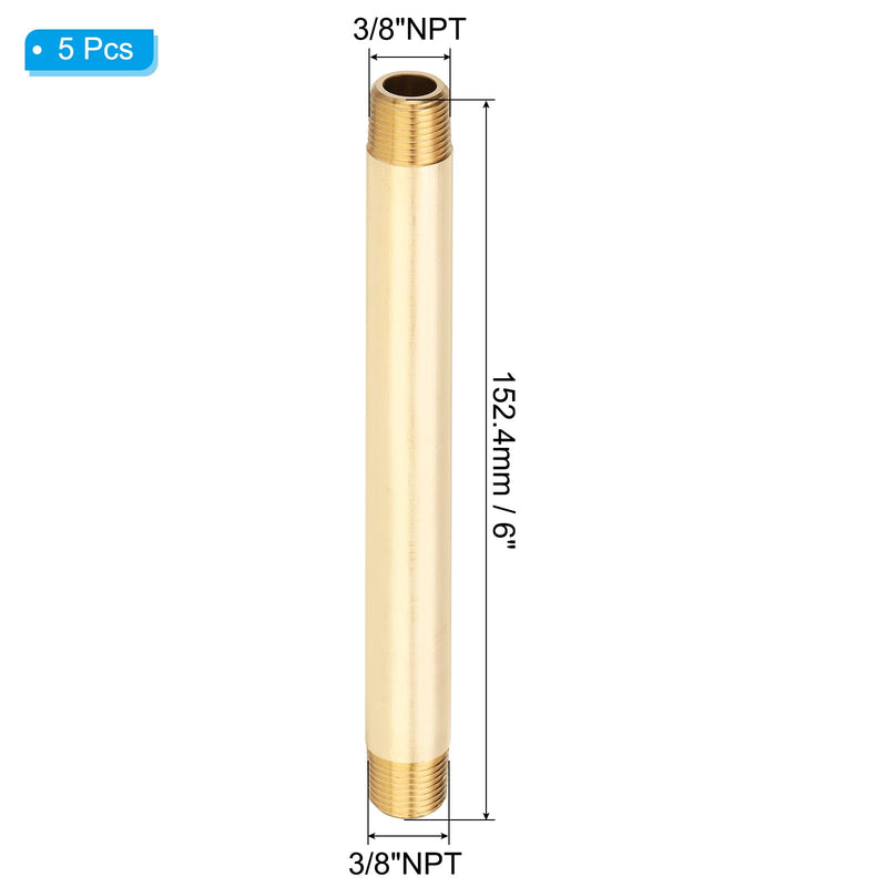 PATIKIL 5Pcs 6" Long 3/8" x 3/8" NPT Male Brass Pipe Fitting Long Nipple, Brass Tone 3/8" x 3/8" 5
