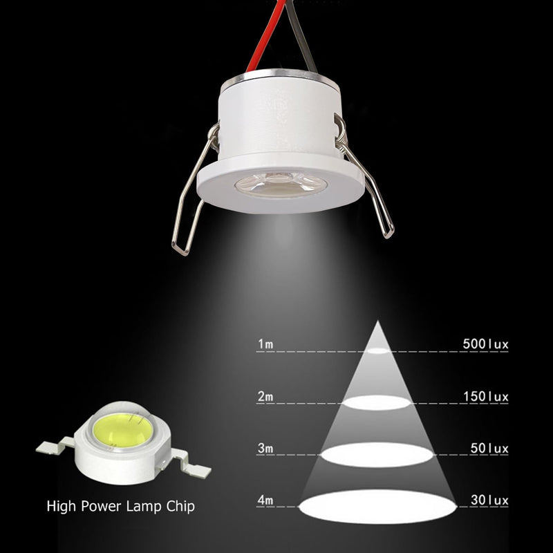 2Pack 1W Mini Spotlights Indoor Recessed Ceiling Showcase Display Under-Cabinet Lights Fixture with AC 110V/220V to DC 3-12V LED Driver Power Supply 3000K Warm-White Lighting White-Shell