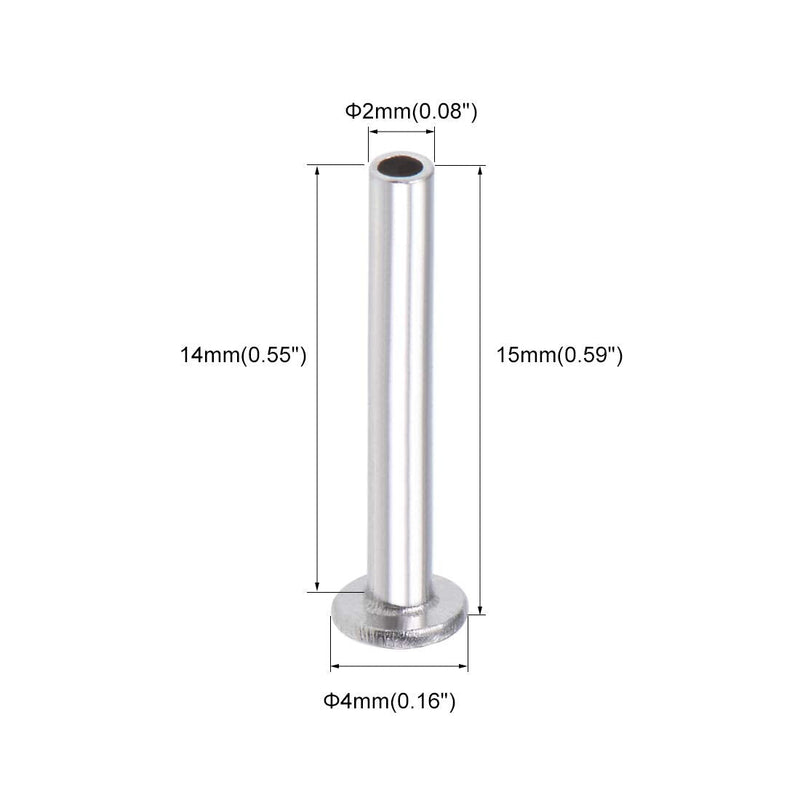 uxcell 100 Pcs 2mm x 14mm Aluminum Flat Head Semi-Tubular Rivets Silver Tone M2 x 14mm