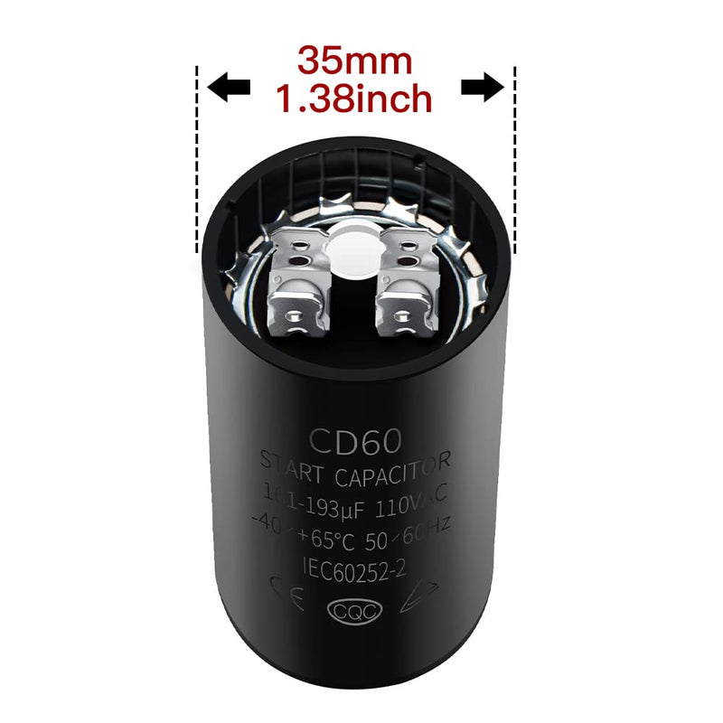 161-193 uf/MFD 110-125 VAC Round Start Capacitor ±20% 50/60 Hz CD60 Round Motor Well Pump Start Capacitor (161-193 uf/MFD) 161-193 uf/MFD