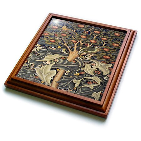 3dRose Image of William Morris Woodpecker In Gray Orange & Ivory Trivet with Ceramic Tile, 8 x 8", Natural