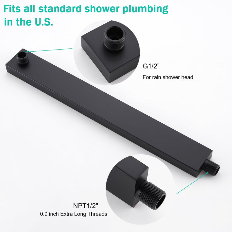 16 Inch Shower Arm With Flange, Wall-Mounted Rain Shower Head Extension Arms,Made of Thicken Stainless Steel for Bathroom Rainfall Shower,Matte Black,SE-91118-16MB Matte Black(91118)