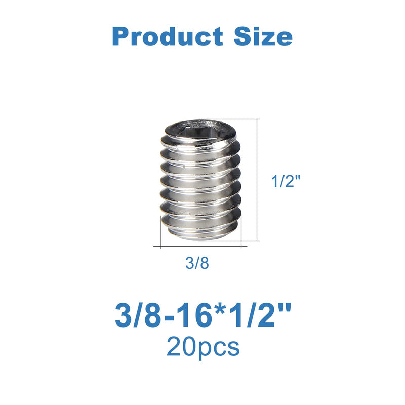 20 PCS 3/8-16 x 1/2" Set Screws,SAE Stainless Hex Allen Head Socket Set Screws Grub Screw Bolts Internal Drive Cup Point Screws with Hex Key Wrench for Door Handles, Light Fixture Repair 3/8-16 x 1/2"
