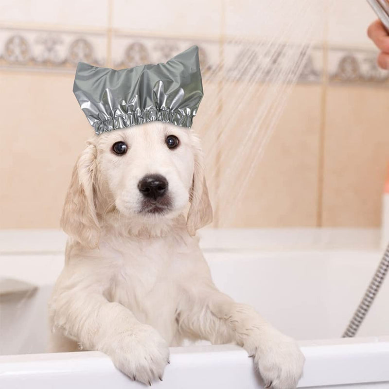 Pet Shower Cap - Waterproof Reusable Bath Ear Covers with Adjustable Strap Prevent Water in Ears Elastic Headgear for Cat Dog Kitten Puppy (S (10.2''-13.4''), Silver) S (10.2''-13.4'')