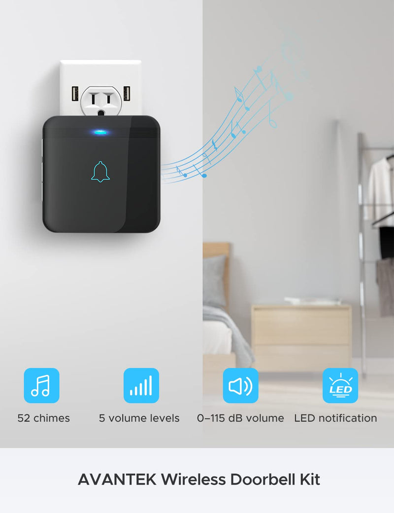 AVANTEK Wireless Doorbell, D-3G Waterproof Chime Kit Operating at Over 1300 Feet with 52 Melodies, 5 Volume Levels & LED Flash Black