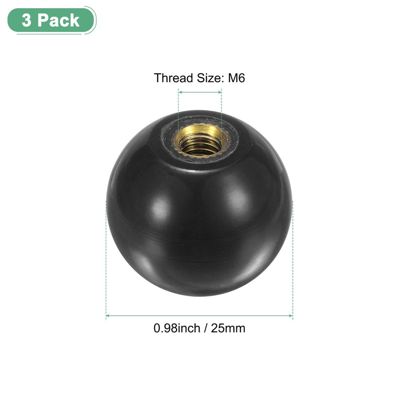 3-Pack Threaded Ball Knobs, M6 Female Thread 25mm Dia. Thermoset Ball Knob for Lathe/Machine/Lawn Mowers, Round Phenolic Brass Insert Lever Handle [Black] M6x25mm Black