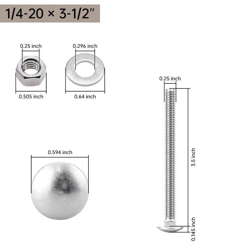 Glvaner (10 Sets) 1/4-20 x 3-1/2" Stainless Steel Carriage Bolts Screws Round Head Square Neck and Hex Nuts & Flat Washers 304 Stainless Steel 18-8 Full Thread Coverage 1/4-20 x 3-1/2" 10