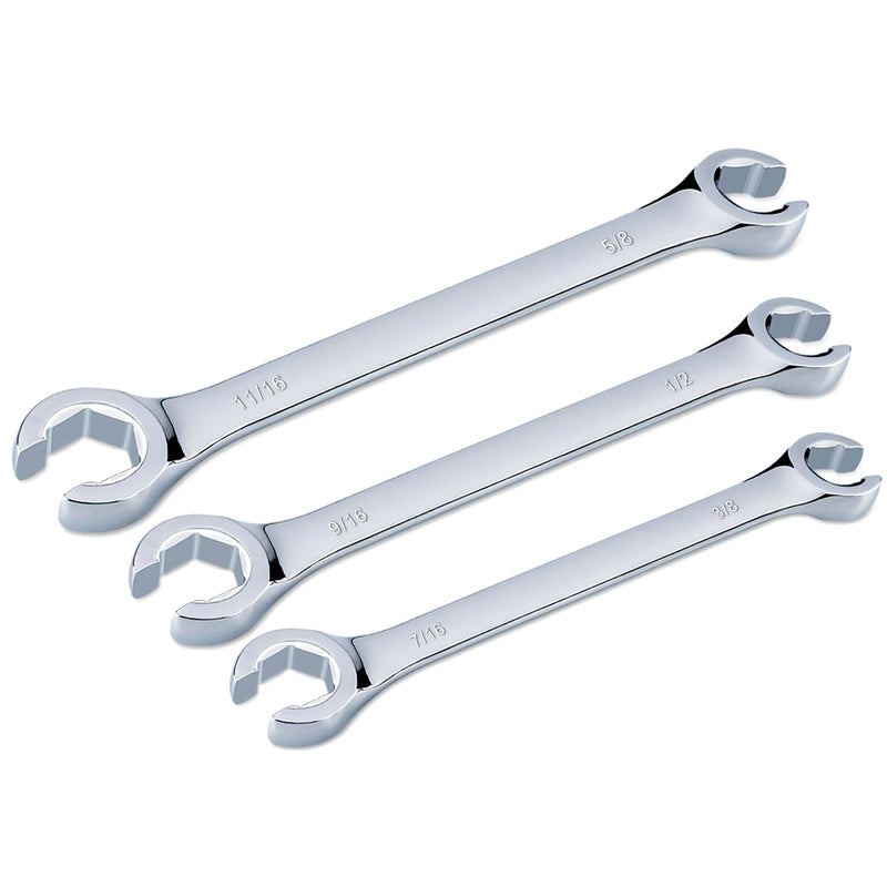 3-Piece Premium Double-End SAE Flare Nut Wrench Set, Size 3/8”, 7/16”, 1/2”, 9/16”, 5/8”, 11/16” | Cr-V Steel, 6-Point Head, 15° Offset | Perfect Line Wrench for Fuel, Brake, Air Conditioning and More SAE Set, 3-Piece