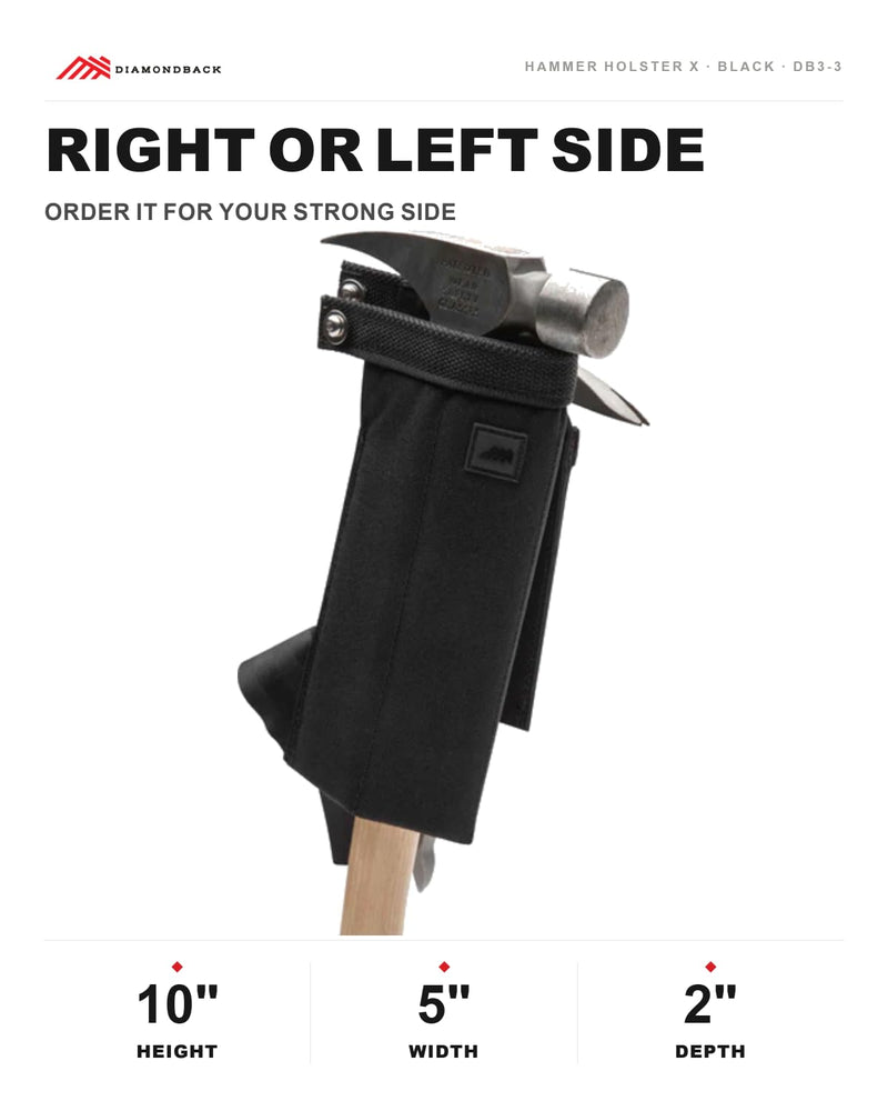 Diamondback Hammer Holster X - Hammer & Pry Bar Holder for Tool Belt | Open-bottom utility sheath with side-carry design - fits behind any size pouch - 10 x 5 x 2 in, just 0.44 lb Black Left Side