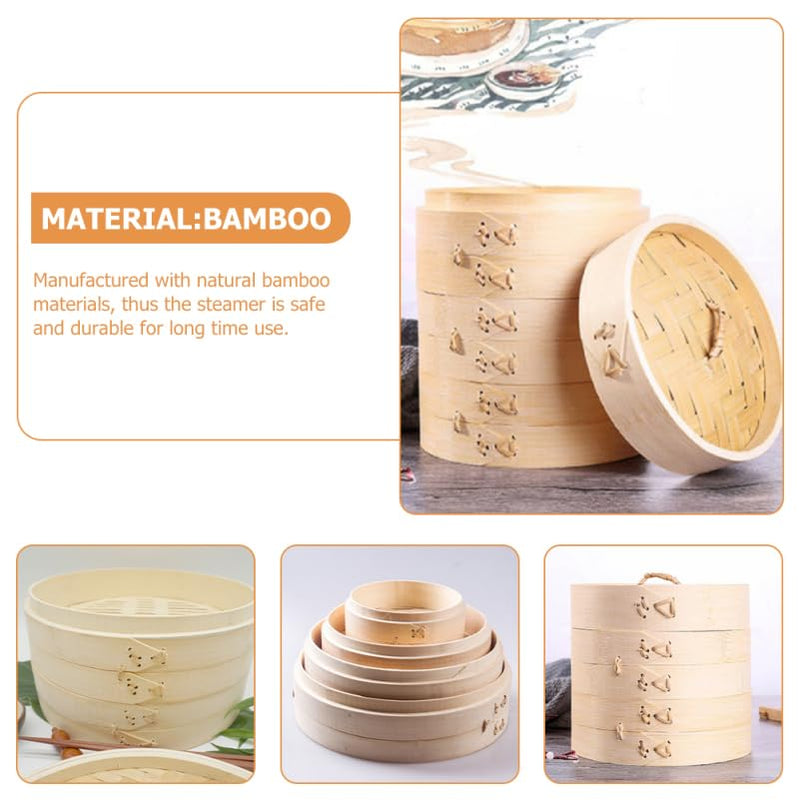 OUNONA Bamboo Steamer with Lid 5.11 Inch Round Kitchen Food Steamer Basket for Cooking Dim Sum Seafood Vegetables and Dumplings Natural Material Steaming Tool for Home Use 13X13X9.8CM