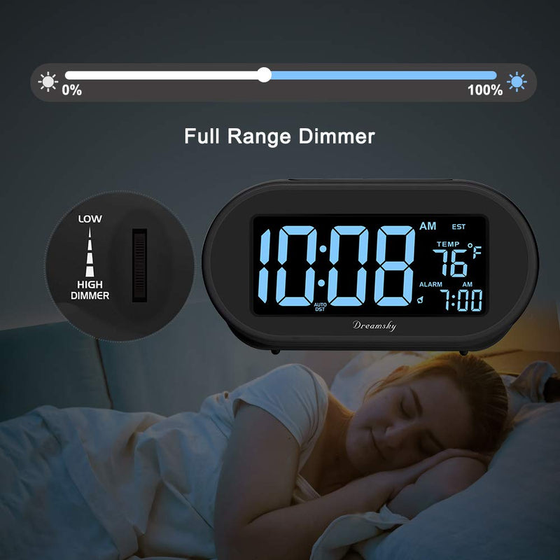 DreamSky Alarm Clocks for Bedrooms, Auto Set Digital Desk Clock for Bedside Nightstand, Electric Clock with Dimmable Brightness Dimmer, Auto DST, USB Port, Date, Temperature, Snooze Black