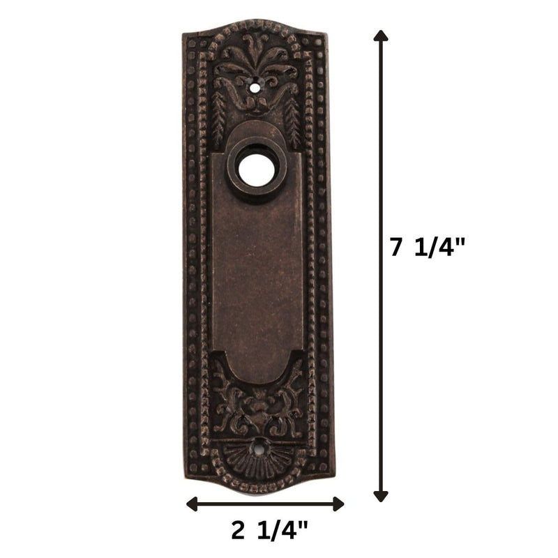 Renovators Supply Manufacturing Door Back Plate Brass 7 1/4 in. Escutcheon Cover Ornate Doorplate in Antique Brass Finish