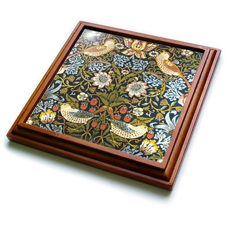 3dRose William Morris Strawberry Thief Pattern Trivet with Ceramic Tile, 8" by 8", Brown
