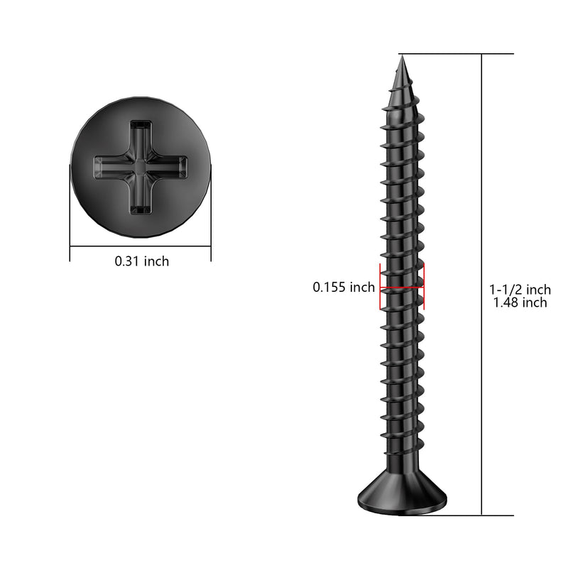 (300Pcs) #8x1-1/2" Black Wood Screw Quick Metal Self Tapping Flat Head #8x1-1/2"