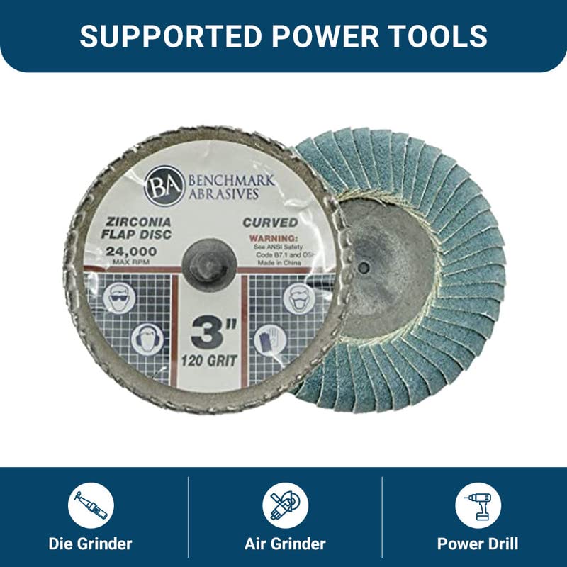Benchmark Abrasives 3" Quick Change Zirconia Flap Disc Curved Grinding Wheel w/Male R-Type Back Design - Cleaning Finishing Deburring of Irregular Surfaces for Die Grinder & More (10 Pack) 120 Grit