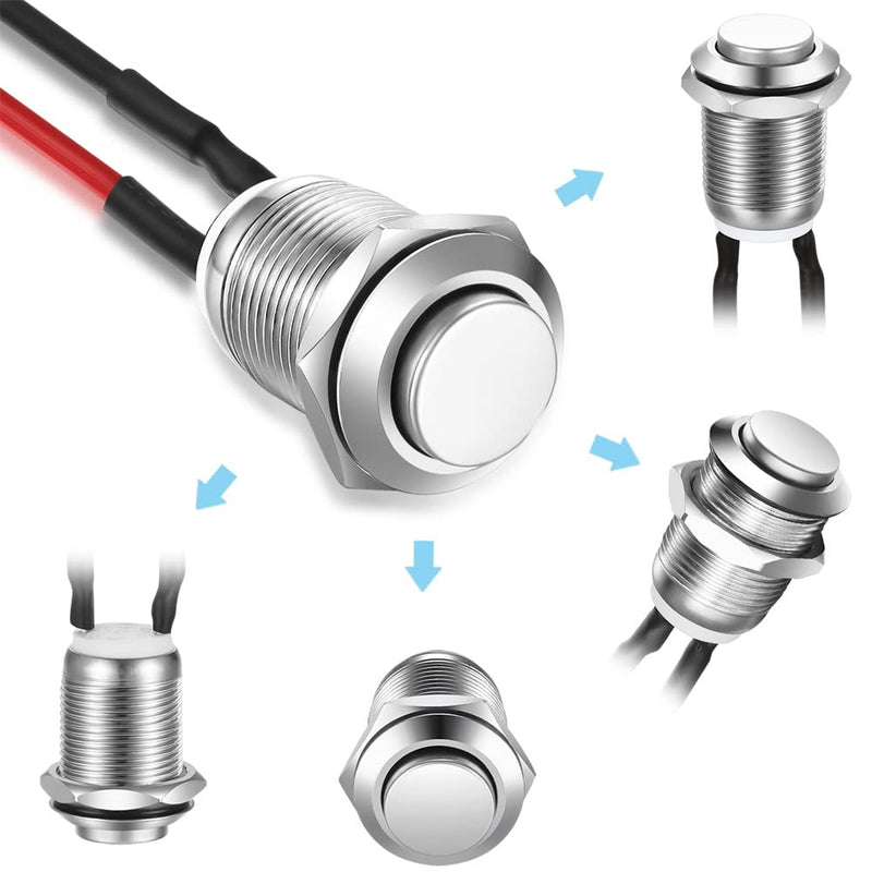 5pcs 12mm 2A 12V/24V/125V/250V AC Prewired Waterproof Push Button Momentary Stainless Steel Push Button On Off (High Head) SS-Momentary(High head)
