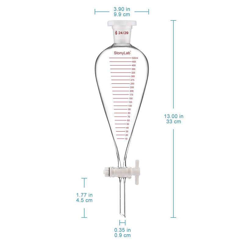 stonylab Graduated Separatory Funnel, Heavy Wall Pear-Shaped Conical Borosilicate Glass Separating Funnel with PTFE Stopcock and Plastic Top Stopper, 500 ml 500.0 milliliters 1 KD-Sep-Funnel-SL-PTFE-500ml