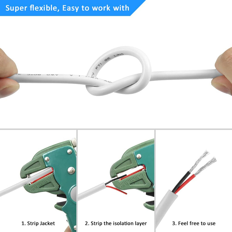 18 Gauge 2 Conductor Electrical Wire, 32.8FT White Stranded Low Voltage 18/2 Cable PVC Case, 18 AWG Tinned Copper 2 Wire Cable Extension Power Cable for Strips LED Lamp Lighting Automotive 18AWG-2C