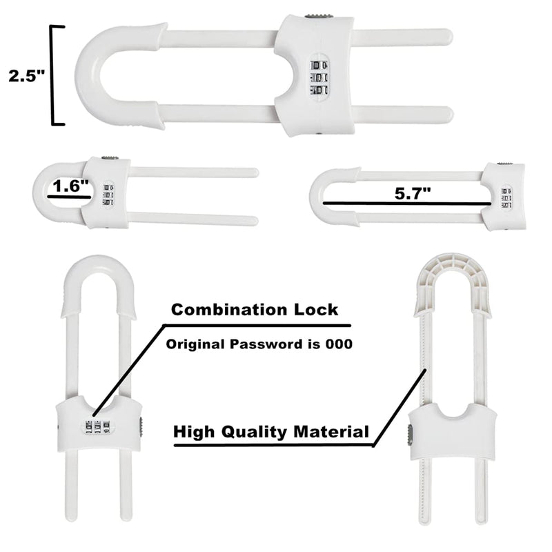 4 Pack Child Proof Sliding Cabinet Door Code Locks Baby Safety Cupboard Locks Adjustable U Shaped Cabinet Latches for Knob Handle Drawers Closet Plastic (4 PCS, White) 4 PCS