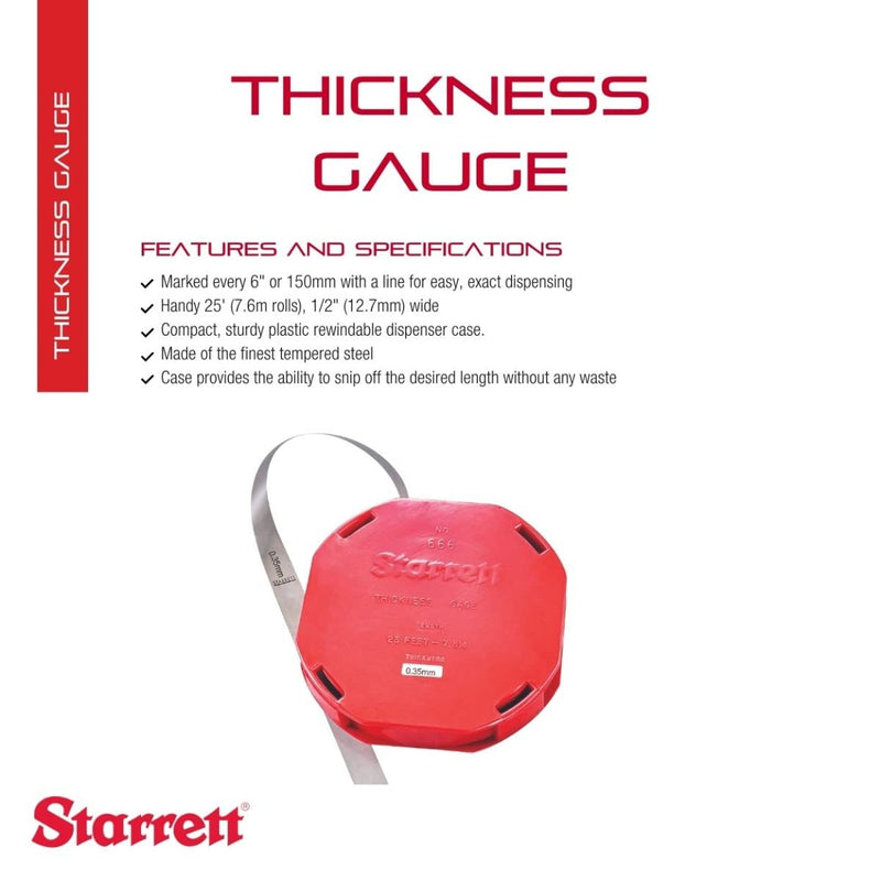 Starrett Tempered Steel Thickness Gauge or Feeler Stock in Rolls with Dispenser Case - Ideal for Carpenters and Home Improvement - 25' x 1/2" Size of Leaves, .35mm Thickness - 666M-35 0.35mm Thickness