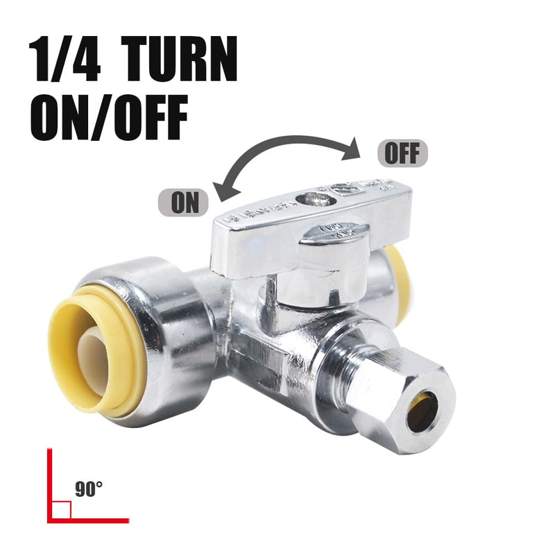 Service Tee Stop Valve, 1/2 Inch x 1/2 Inch x 1/4 Inch, 1/4 Turn, Compression Service Stop Fitting, Water Valve Shut Off, Push-to-Connect, PEX, Copper, CPVC, PE-RT