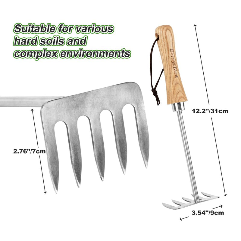 Berry&Bird Premium Hand Rake for Gardening, 5 Tines Hand Tiller Hand Cultivator Small Rake Garden Tool with Wood Handle, Ideal Garden Hand Tools for Digging, Aerating, Weeding and Loosening Soil