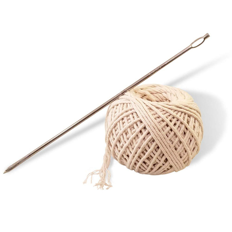 Meat Trussing Needle and Butchers Cooking Twine Kit for Sewing Up Whole Hog, Pig, and Roasting Chicken and Turkey. 7 Inch Stainless Steel Needle and 185 Feet of Cotton Kitchen String.
