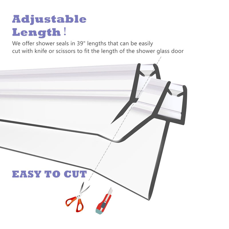 2-Pack Frameless Shower Door Bottom Seal (1/4'' X 39'') Clear Glass Seal Strip Shower Door Sweep can Covers up to 23mm Gap - Stop Shower Leaks 1/4''(6mm)-23mm