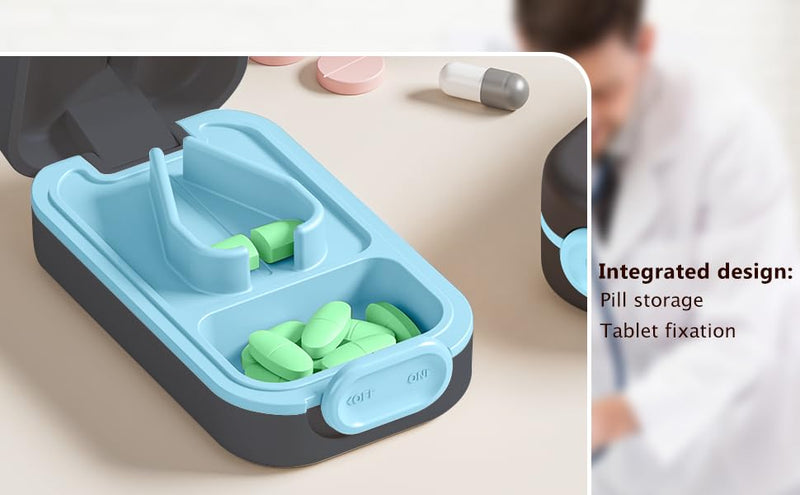 Pill Cutter | Best Cutter for Small or Large Pills |with Safety Lock Buckle Design in The USA| Cuts Vitamins | Pill Splitter Detachable Silicone pad Easy to wash with Crystal Pill Box (Grey) Azure
