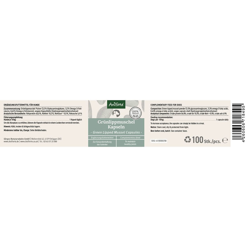 AniForte green-lipped mussel dog 100 pieces - green-lipped mussel capsules for dogs, joint tablets with green-lipped mussel powder in full-fat quality 10.2%, green-lipped mussel extract for joints 100 pieces. - PawsPlanet Australia